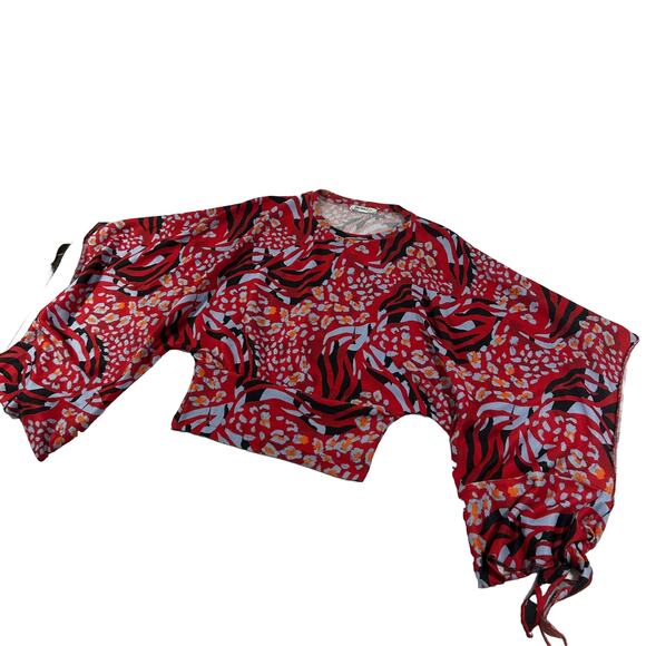 Zara Trafaluc Collection Red Flowy Crop Top Sz Small Red Blue Orange Tie Sleeve - Picture 4 of 11
